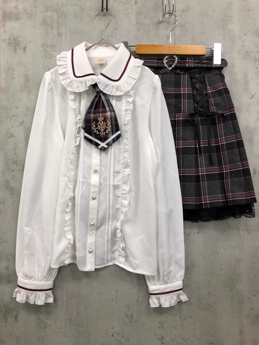 Secret Honey シークレットハニー ロゴ刺繍ネクタイ付ブラウス レースアップヨークプリーツスカート セットアップ size2/ホワイト×グレーチェック ■■◎レディース