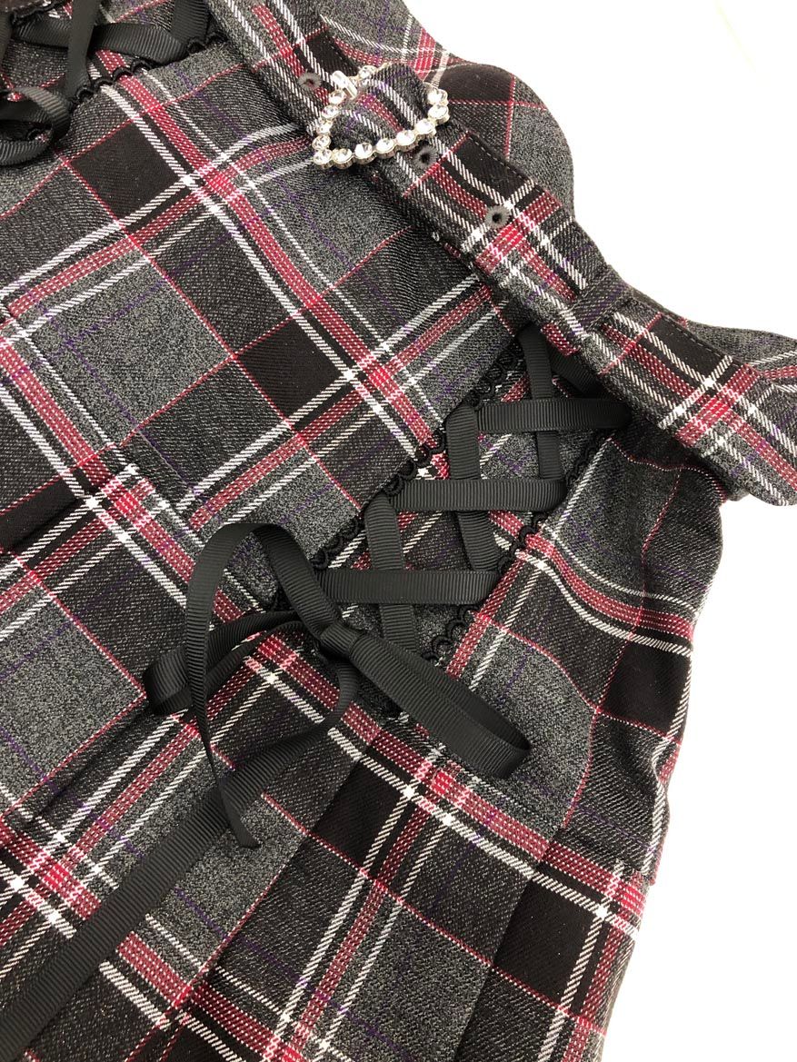Secret Honey シークレットハニー ロゴ刺繍ネクタイ付ブラウス レースアップヨークプリーツスカート セットアップ size2/ホワイト×グレーチェック ■■◎レディース Secret Honey シークレットハニー ロゴ刺繍ネクタイ付ブラウス レースアップヨークプリーツスカート セットアップ size2/ホワイト×グレーチェック ■■◎レディース