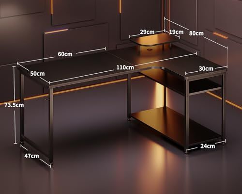 ODK ゲーミングデスク L字 パソコンデスク 幅110 デスク desk 机 pcデスク 棚付き オフィス ワーク 在宅勤務 ?子 勉強机 組立簡単 ブラック 右棚Y 0469802c
