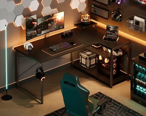 ODK ゲーミングデスク L字 パソコンデスク 幅110 デスク desk 机 pcデスク 棚付き オフィス ワーク 在宅勤務 ?子 勉強机 組立簡単 ブラック 右棚Y 0469802c