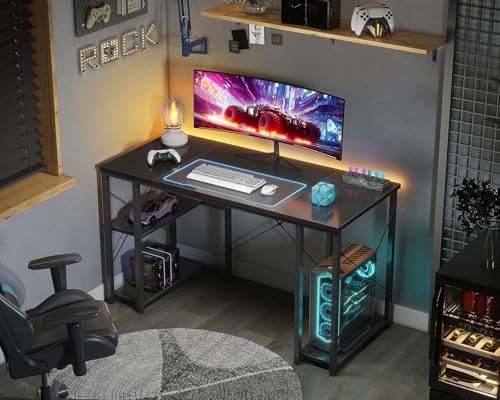 AODK ゲーミングデスク パソコンデスク 机 pcデスク 幅120cm 両側ラック&CPUスタンド付き gaming desk ゲームデスク 勉強机 オフィスデスク 在宅ワークデスク 長机 左右入れ替え対応 おしゃれ ブラックY 78769c79