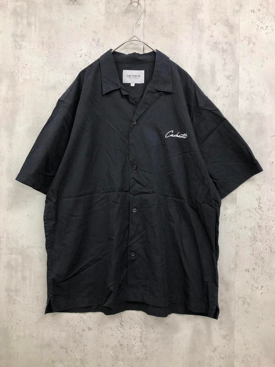 Carhartt カーハート ロゴ刺繍 キャンプレースカラー ショートスリーブデルレイ シャツ sizeL/ブラック ■◆◎メンズ