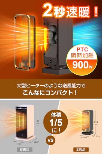 【2025冬モデル】 セラミックヒーター 小型 電気ファンヒーター 2秒速暖 暖房器具 マイナスイオン空気清浄 省エネ 速暖 大風量 コンパクト 3段階温度調整 900W 足元 ファンヒーター 温度調節 2重過熱保護 転倒OFF 節電対策 過 886f0530