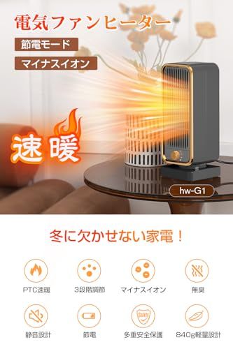 【2025冬モデル】 セラミックヒーター 小型 電気ファンヒーター 2秒速暖 暖房器具 マイナスイオン空気清浄 省エネ 速暖 大風量 コンパクト 3段階温度調整 900W 足元 ファンヒーター 温度調節 2重過熱保護 転倒OFF 節電対策 過 886f0530