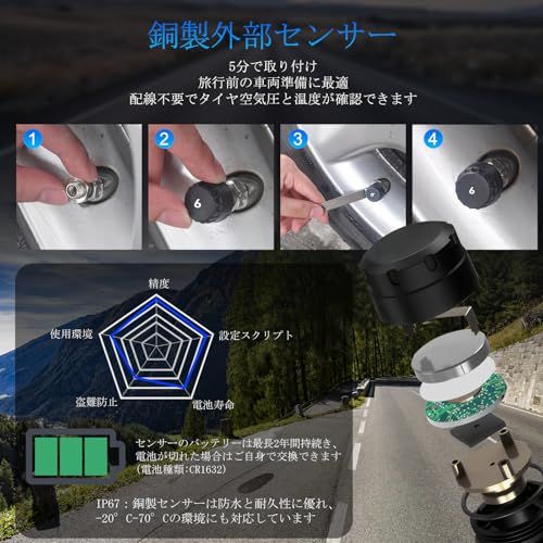 タイヤ空気圧モニター 6輪 タイヤ空気圧センサー TPMS 4輪/6輪切り替え 6種音声アラーム 振動検知 リアルタイム監視 デジタル表示 太陽光/USB充電 IP67防水防塵 簡単取付 日本語説明書 6つの外部センサー 乗用車・トラック・キ 491cee63