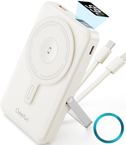 QeeFun MagSafe対応 大容量10000mAh 22.5W急速充電 5台同時充電可能 LED残量表示 スタンド付き Lightning&Type-Cケーブル内蔵 マグネットリング付属 薄型 小型 軽量 マグセーフ ワイヤレス充電 P d87366b3