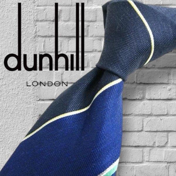 dunhill LONDON ダンヒル イタリア製 シルク リネン混 絹麻 レジメンタル ストライプ ネクタイ 定2.5万 ブルー ネイビー▲046▼20427k02