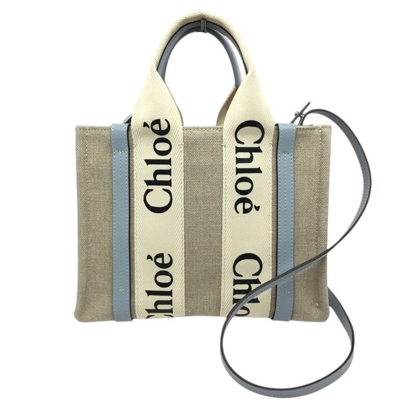 Chloe【クロエ】ウッディスモール　2WAYトートバッグ　ショルダーバッグ　ハンドバッグ　キャンバス　レザー　ベージュ　ライトブルー系【中古品/USED-AB】質屋　かんてい局那覇店　ｎ3100901927300015