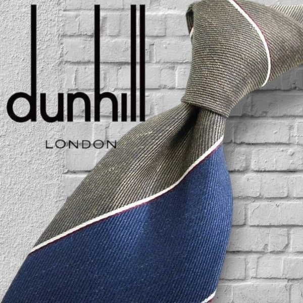dunhill LONDON ダンヒル イタリア製 シルク リネン混 絹麻 レジメンタル ストライプ ネクタイ 定2.5万 ブラウン ネイビー▲046▼20427k03