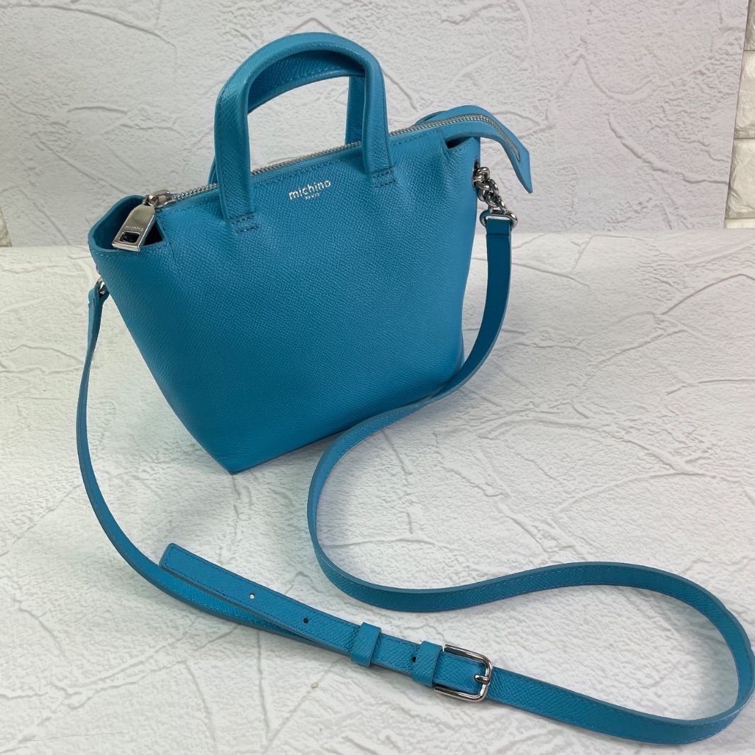 michino PARIS/ミチノ.パリ、2wayバッグ、レザー、保存袋付き、スカイブルー