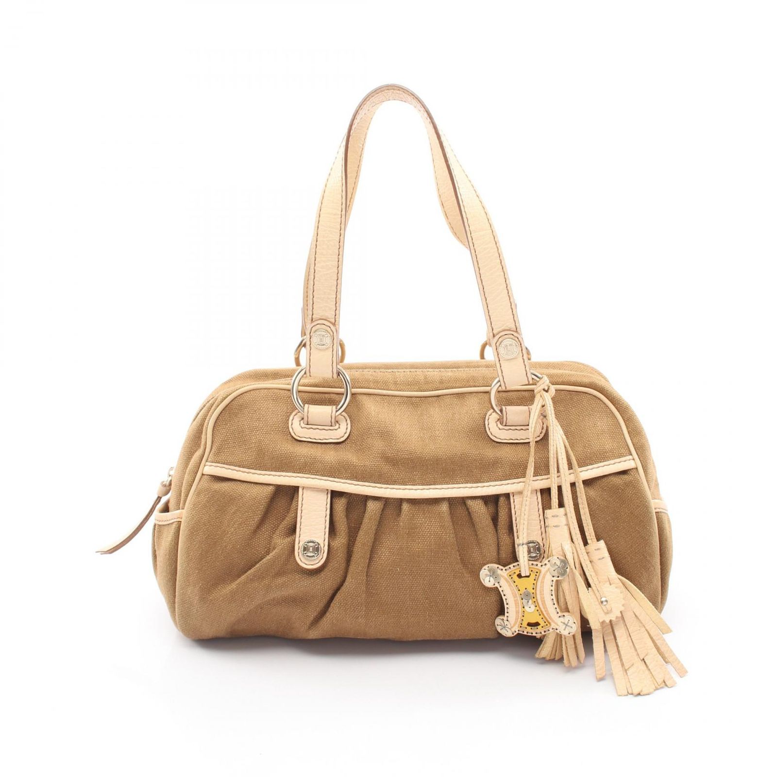 セリーヌ CELINE ハンドバッグ マカダム タッセル ベージュ/アイボリー キャンバス レザー トリオンフチャーム ハンド レディース Used B