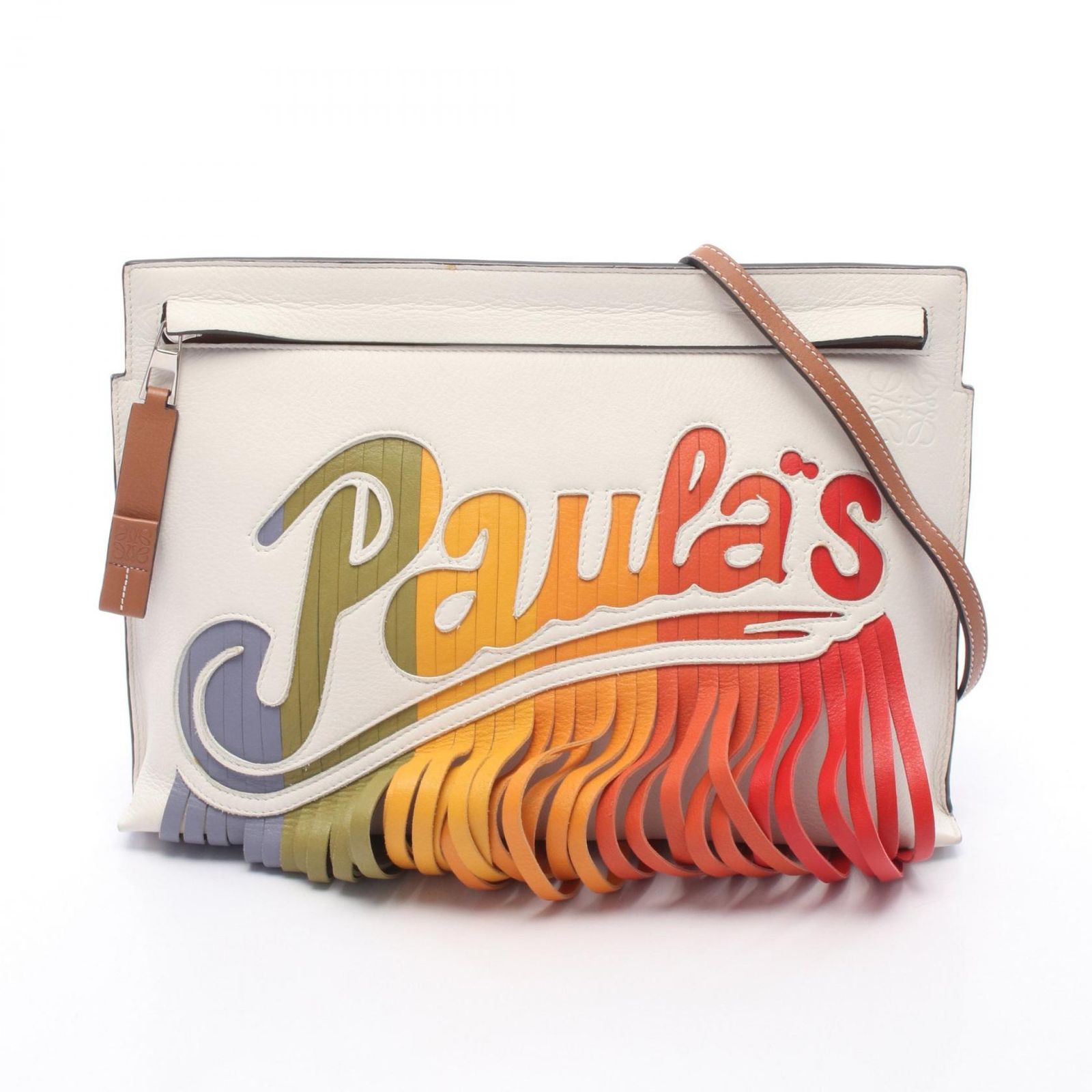ロエベ LOEWE ショルダーバッグ LOEWE × Paula's Ibiza パウラズイビザ Tポーチ ホワイト/ブラウン/マルチカ レザー パウラズイビザ フリンジ ショルダーバッグ レディース 44,880円