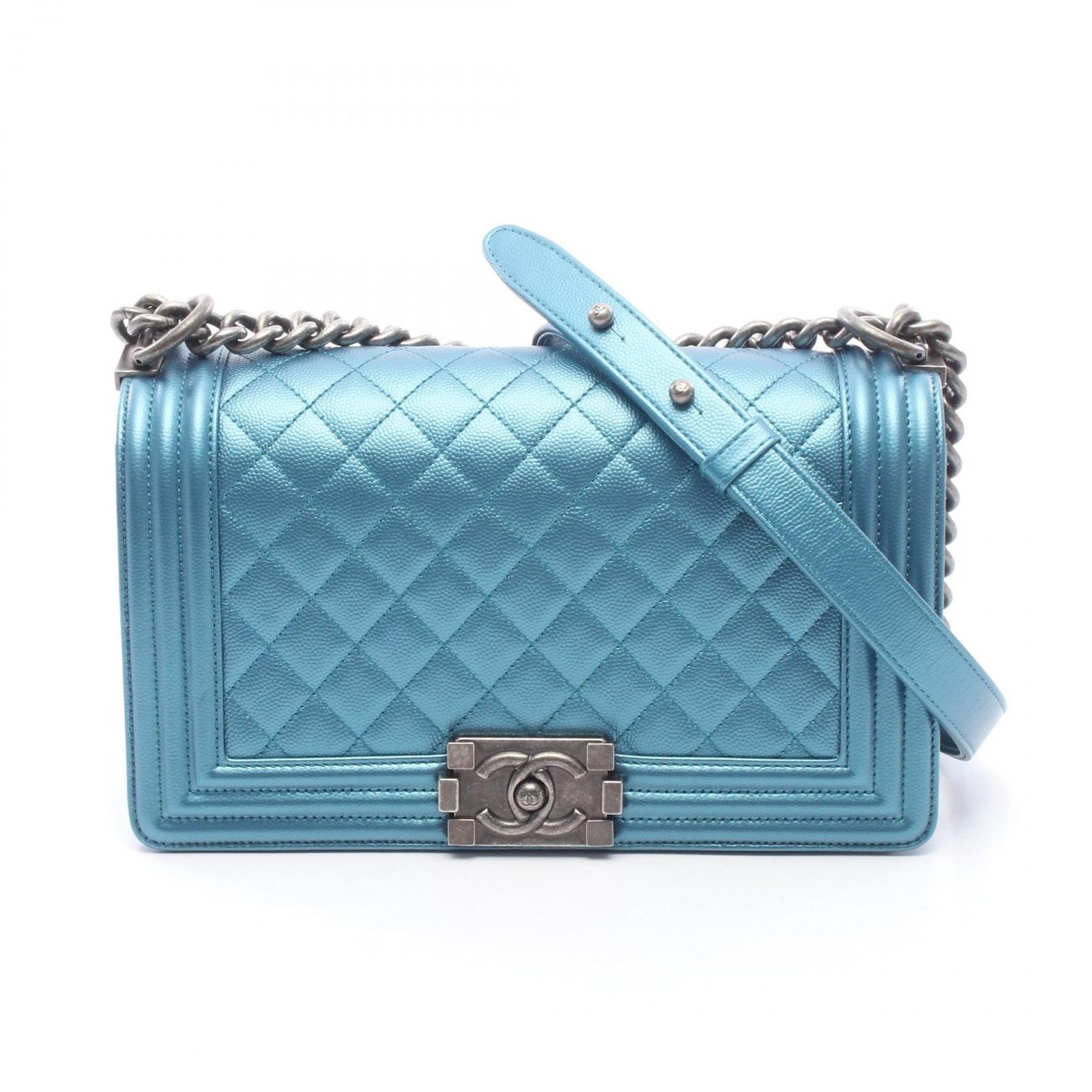 シャネル CHANEL ショルダーバッグ ボーイシャネル メタリック A67086 メタリックブルー キャビアスキン(グレインドカーフ) ボーイシャネル チェーンショルダー