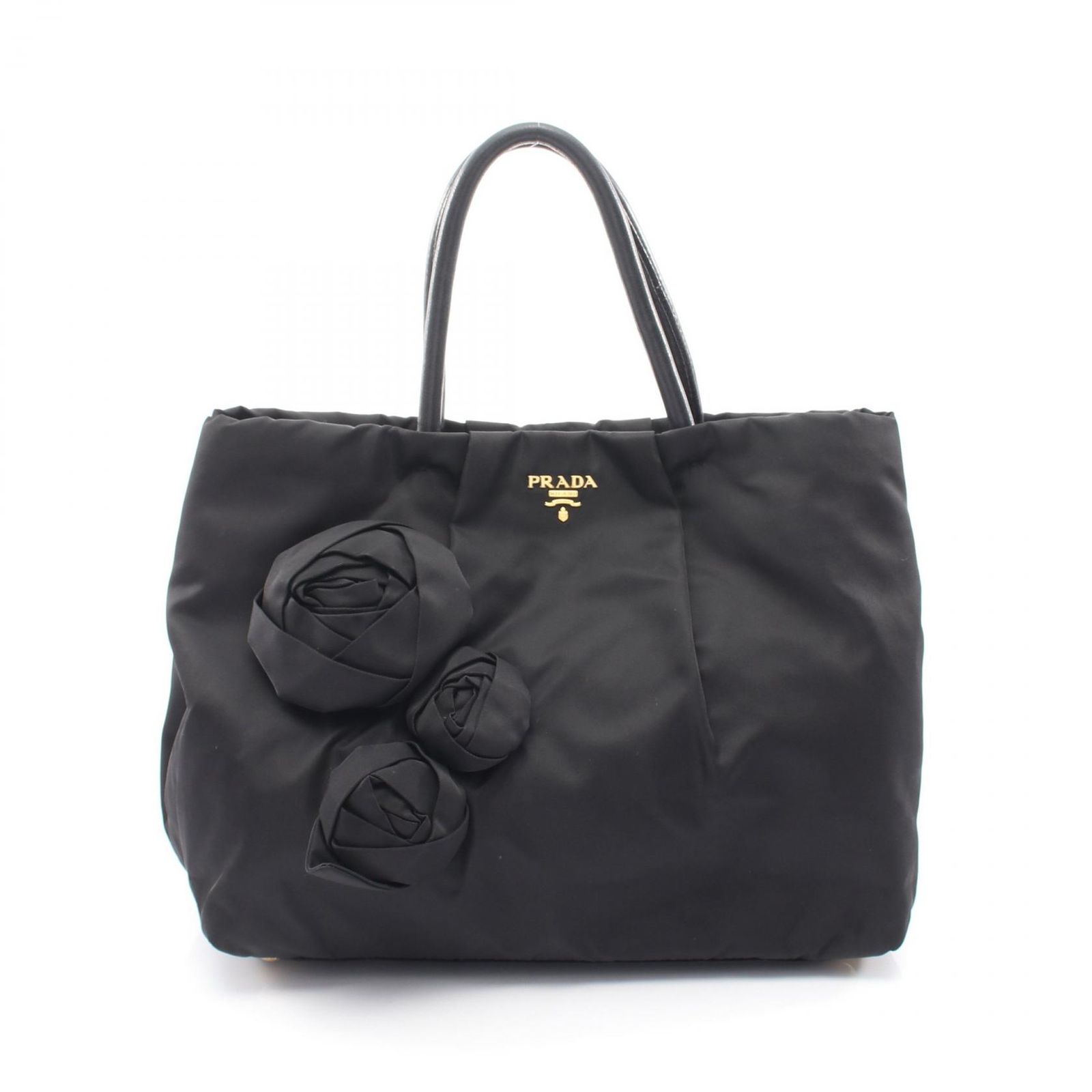 プラダ PRADA ハンドバッグ ローズ ブラック ナイロン レザー ローズモチーフ トートバッグ レディース Used B