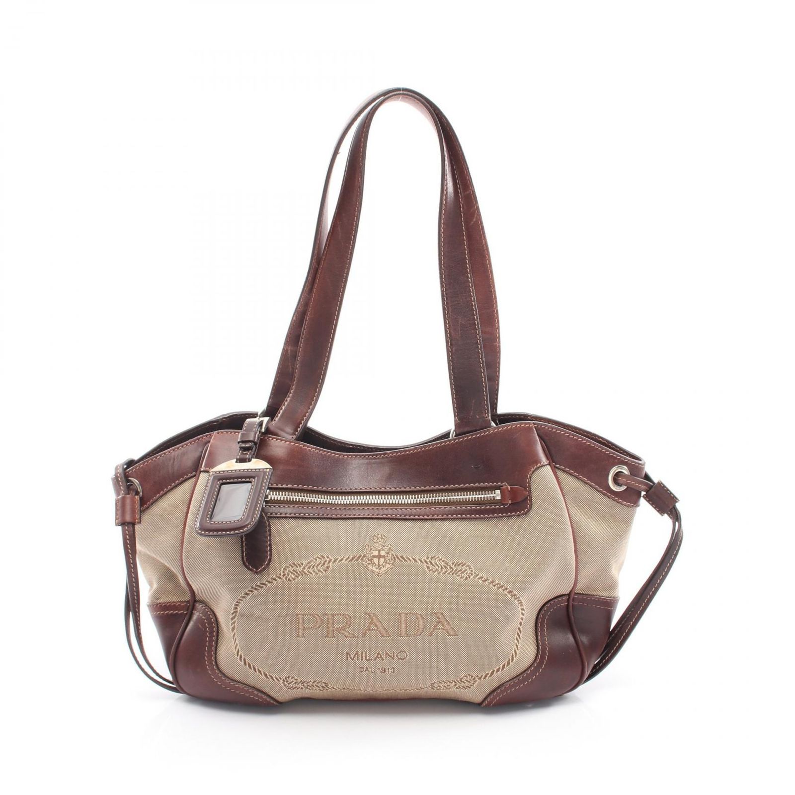 プラダ PRADA ショルダーバッグ ロゴジャガード ベージュ/ダークブラウン キャンバス レザー ロゴ ジャガード トート レディース Used B