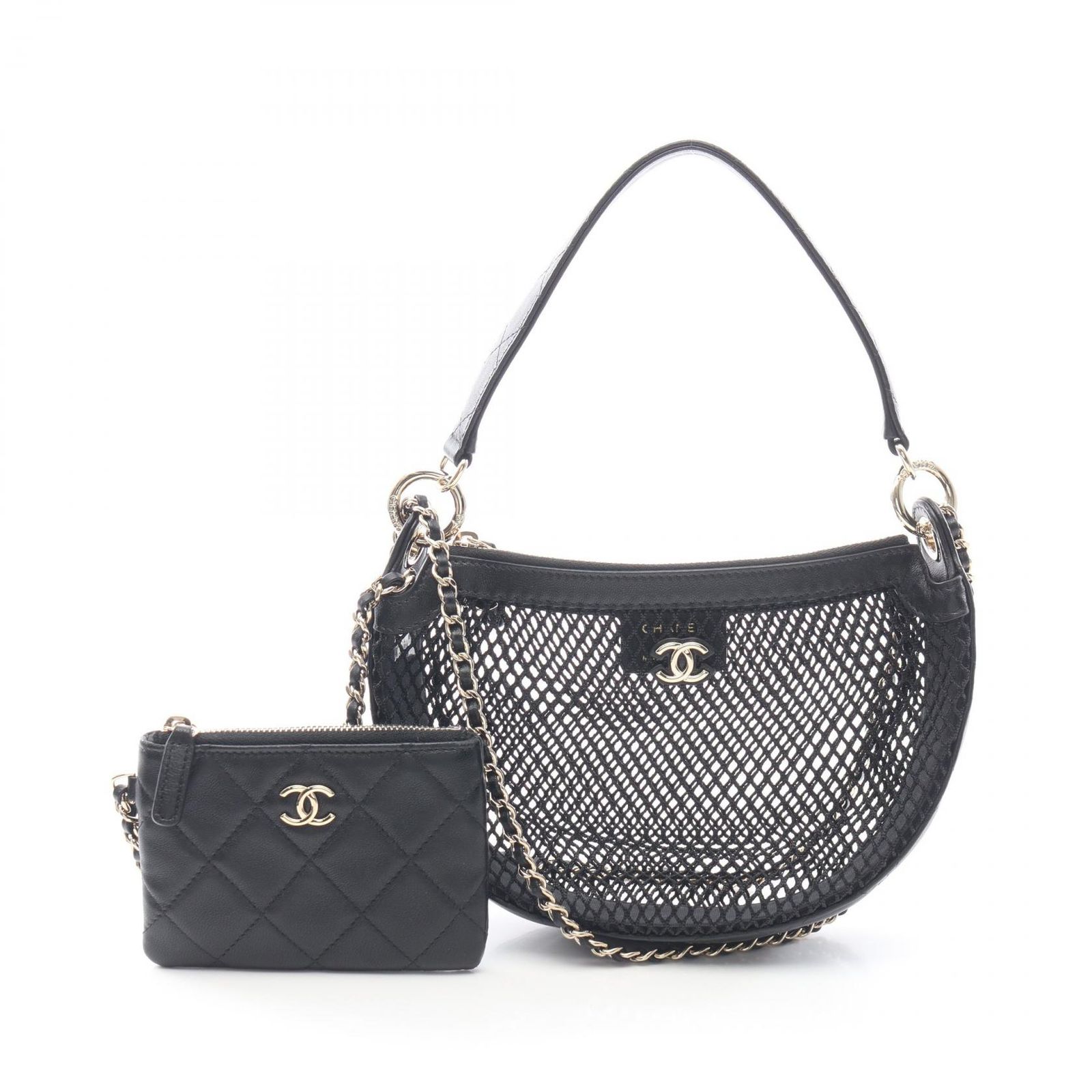 シャネル CHANEL ハンドバッグ ココマーク ポーチ付き 2WAY ブラック ラムスキン（羊革） メッシュ チェーンショルダー レディース Used A