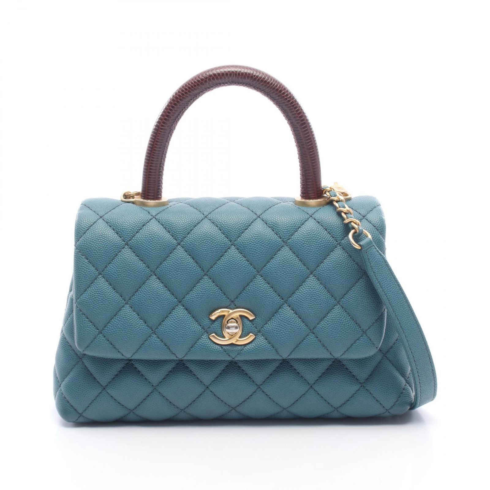 シャネル CHANEL ハンドバッグ ココハンドル フラップ マトラッセ 2WAY A92990 ブルーグリーン キャビアスキン(グレインドカーフ) エキゾチックレザー ココハンドル マトラッセ 2wayチェーンショルダー
