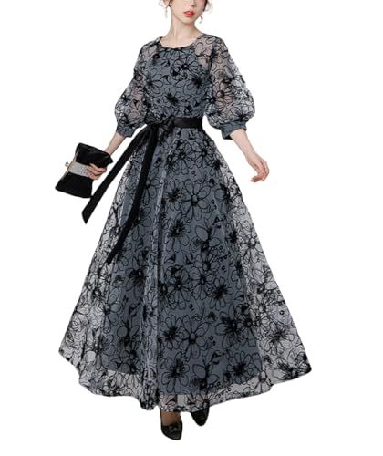 ☆新品☆[MATSUMIZUYU] パーティードレス レディースワンピース 花柄 裏地付き Aライン ロング丈 上品 ドレス フォーマル ハイウエスト 七分袖 リボン 体型カバー 結婚式 二次会 披露宴 同窓会 お呼ばれ 卒業式 おしゃれ 着 9a87a2db