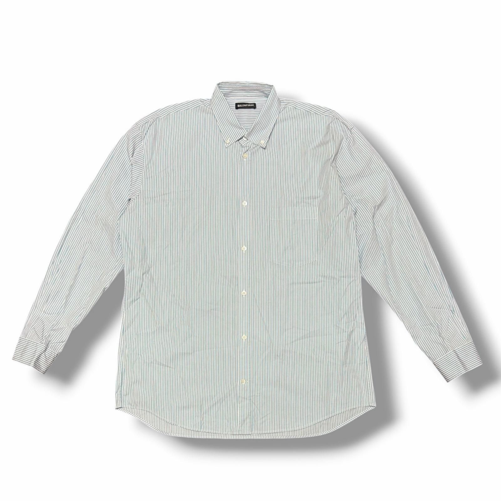 みぃーBALENCIAGA バックプリント/ロゴストライプシャツ半袖 国内正規 BALENCIAGA Back Logo Print Stripe Shirt バックロゴ