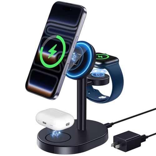 Hevanto 2026 MagSafe充電器 3in1 ワイヤレス充電器 Qi認証 極小 15W急速充電スタンド iPhone 17/17e/16/15/14/13/12 Apple Watch AirPods対応 マグセーフ充電器 3台同 086721f0