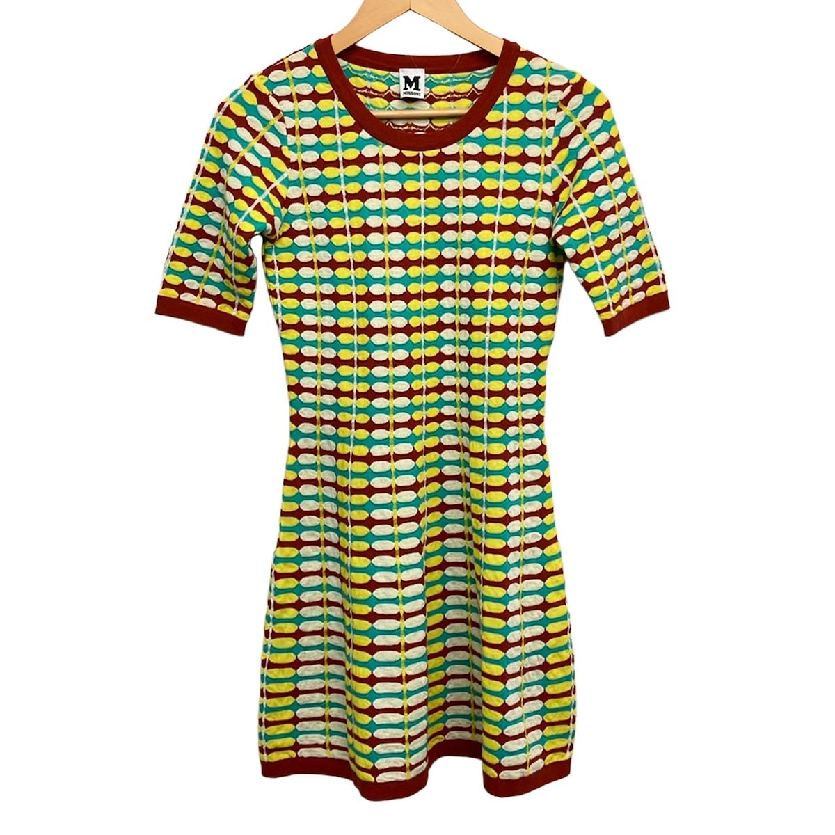 MISSONI(ミッソーニ) ワンピース サイズ40 M レディース美品 - ブラウン×白×イエロー 半袖/ひざ丈/ニット