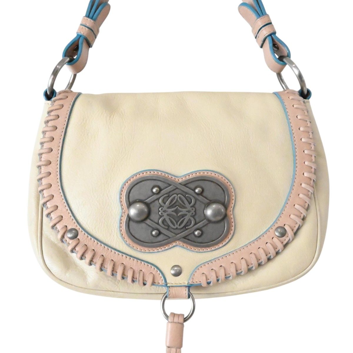 LOEWE ロエベ アナグラム フリンジ レザ― ワンショルダーバッグ ベージュ/ピンク/ブルー M2605-k091