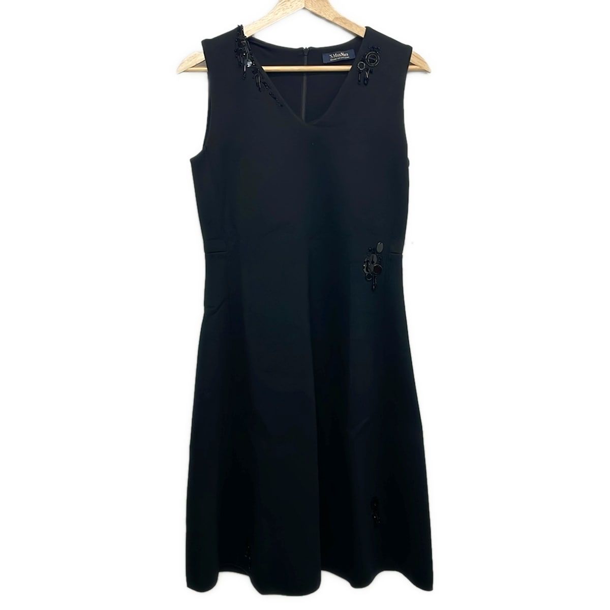 S Max Mara(マックスマーラ) ワンピース サイズM レディース美品 - 黒 Vネック/半袖/ひざ丈/ビーズ
