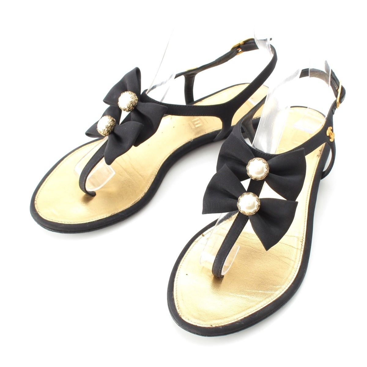 シャネル パール ココマーク リボン サンダル ブラック ゴールド 36 1/2C【中古】