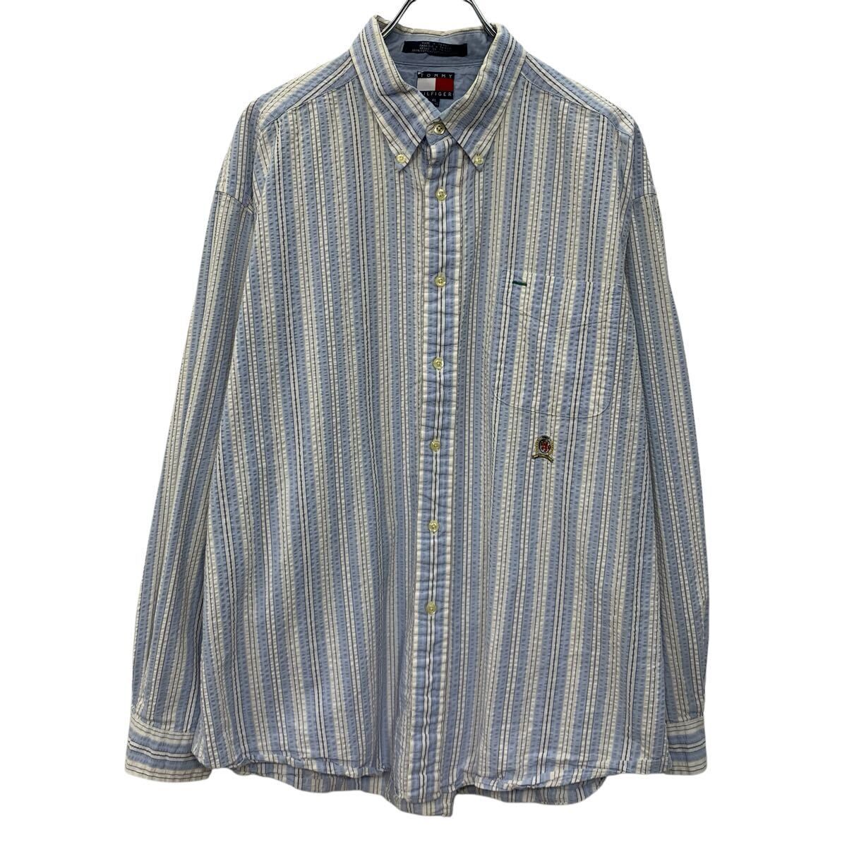 90s TOMMY HILFIGER 長袖 ストライプシャツ XL ブルー ホワイト トミー 