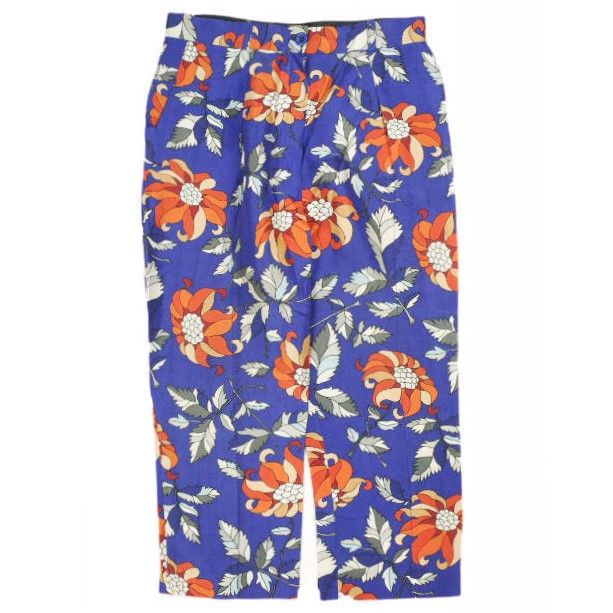 OSTWALD HELGASON オズワルドヘルガソン イギリス製 ボタニカルプリント 1プリーツシルクパンツ UK8 Blue サテン テーパード フラワー ボトムス g26486