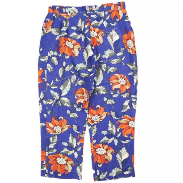 OSTWALD HELGASON オズワルドヘルガソン イギリス製 ボタニカルプリント 1プリーツシルクパンツ UK8 Blue サテン テーパード フラワー ボトムス g26486