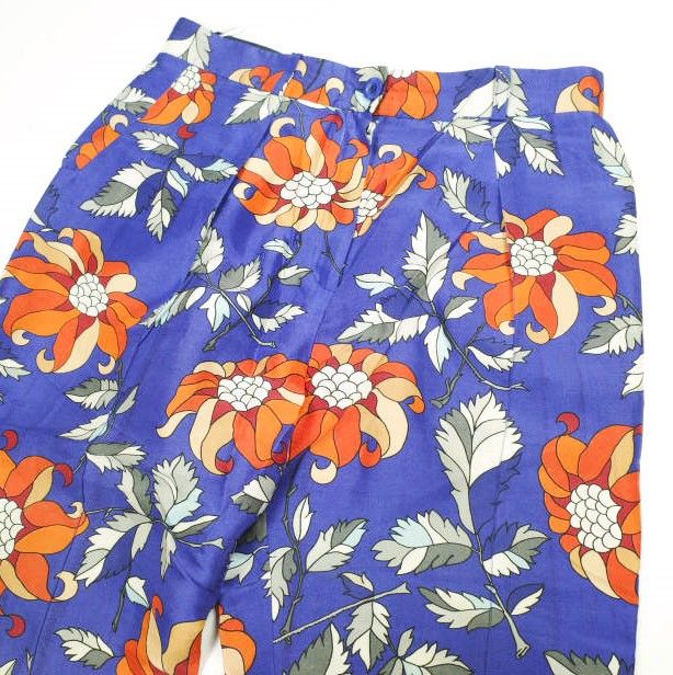 OSTWALD HELGASON オズワルドヘルガソン イギリス製 ボタニカルプリント 1プリーツシルクパンツ UK8 Blue サテン テーパード フラワー ボトムス g26486