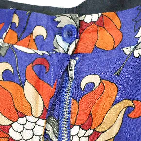 OSTWALD HELGASON オズワルドヘルガソン イギリス製 ボタニカルプリント 1プリーツシルクパンツ UK8 Blue サテン テーパード フラワー ボトムス g26486
