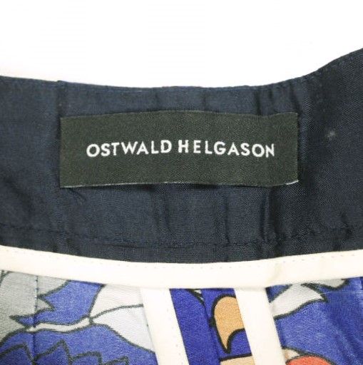 OSTWALD HELGASON オズワルドヘルガソン イギリス製 ボタニカルプリント 1プリーツシルクパンツ UK8 Blue サテン テーパード フラワー ボトムス g26486