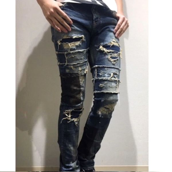 新品 NOVE ノーヴェ 日本製 Damaged Repaired Stretch Denim Pants skinny leg ダメージ＆リペア加工 スキニーデニムパンツ NPC-D024 28 Indigo 定価36,720円 ジップフライ ジーンズ
