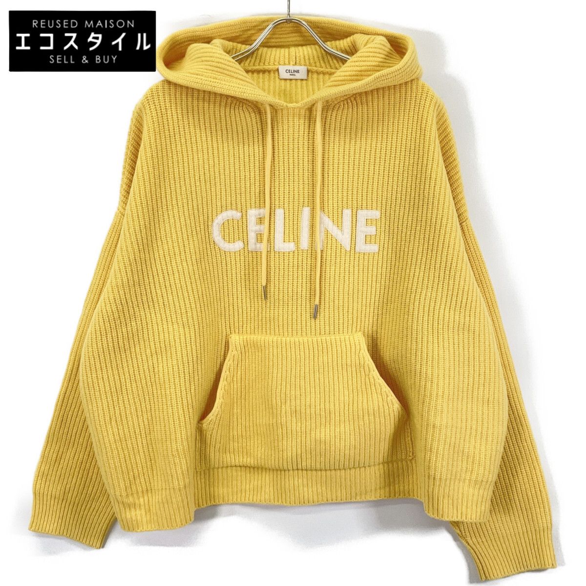 CELINE セリーヌ イエロー 2A85W423P エディ期 リブ編みロゴパーカー L 