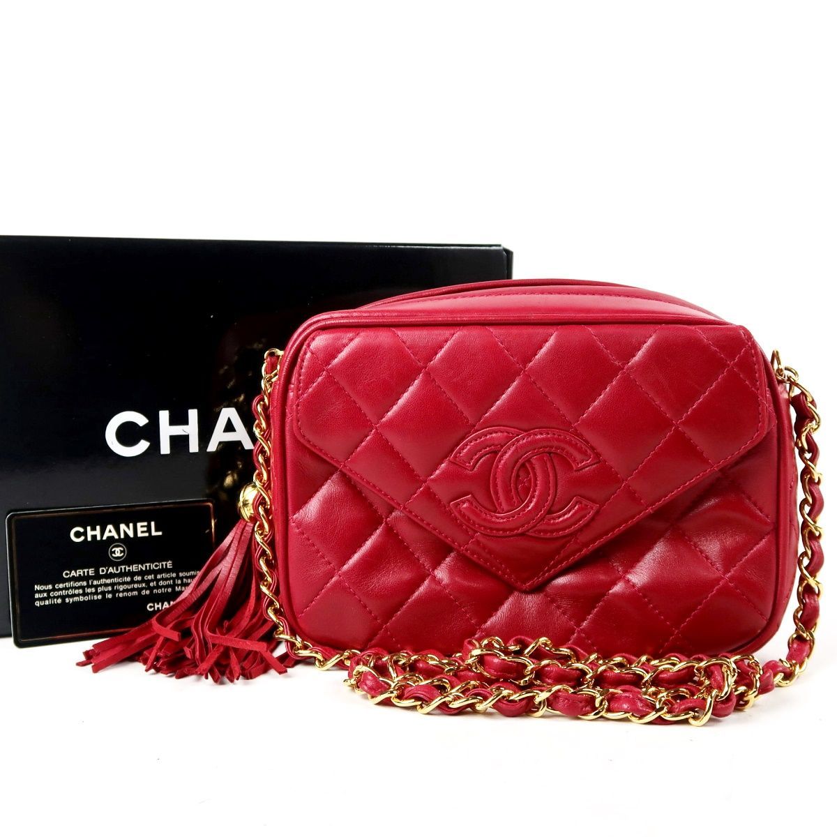 【超美品】CHANEL シャネル ラムスキン マトラッセ ココマーク フリンジ チェーンショルダーバッグ レッド【HJ79】
