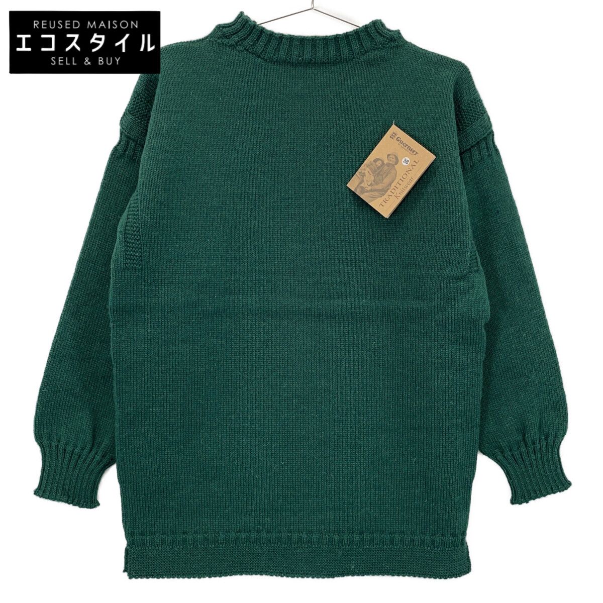GUERNSEY WOOLENS　ガンジーウーレンズ　グリーン ウール100 ガンジー セーター ハイネックニット　38