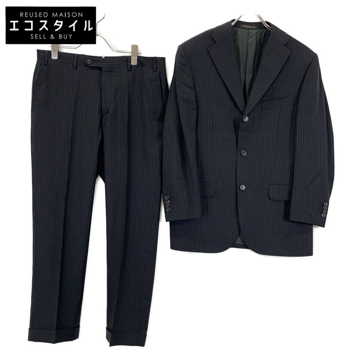 CORNELIANI コルネリアーニ ブラック ウール ストライプ スーツ 46