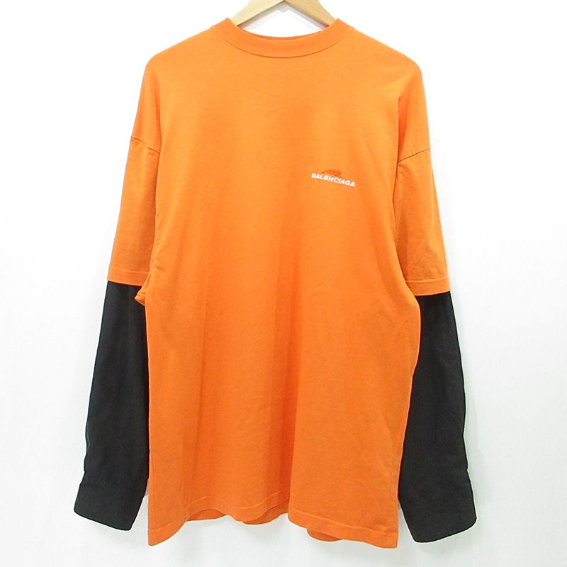 【三重本店】 中古 BALENCIAGA | バレンシアガ Long Sleeve T Layered Shirt ロゴ刺繍切替え長袖Tシャツ オーバーサイズ JP57 2021 01247 オレンジ サイズ:XXS 【108】
