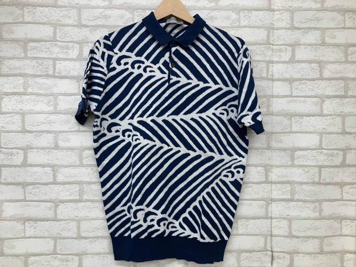 JOHN SMEDLEY CA45550 ジョン スメドレー 半袖ポロシャツ メンズ ホワイト×ブルー 総柄 sizeM イギリス製 毛羽立ち有り