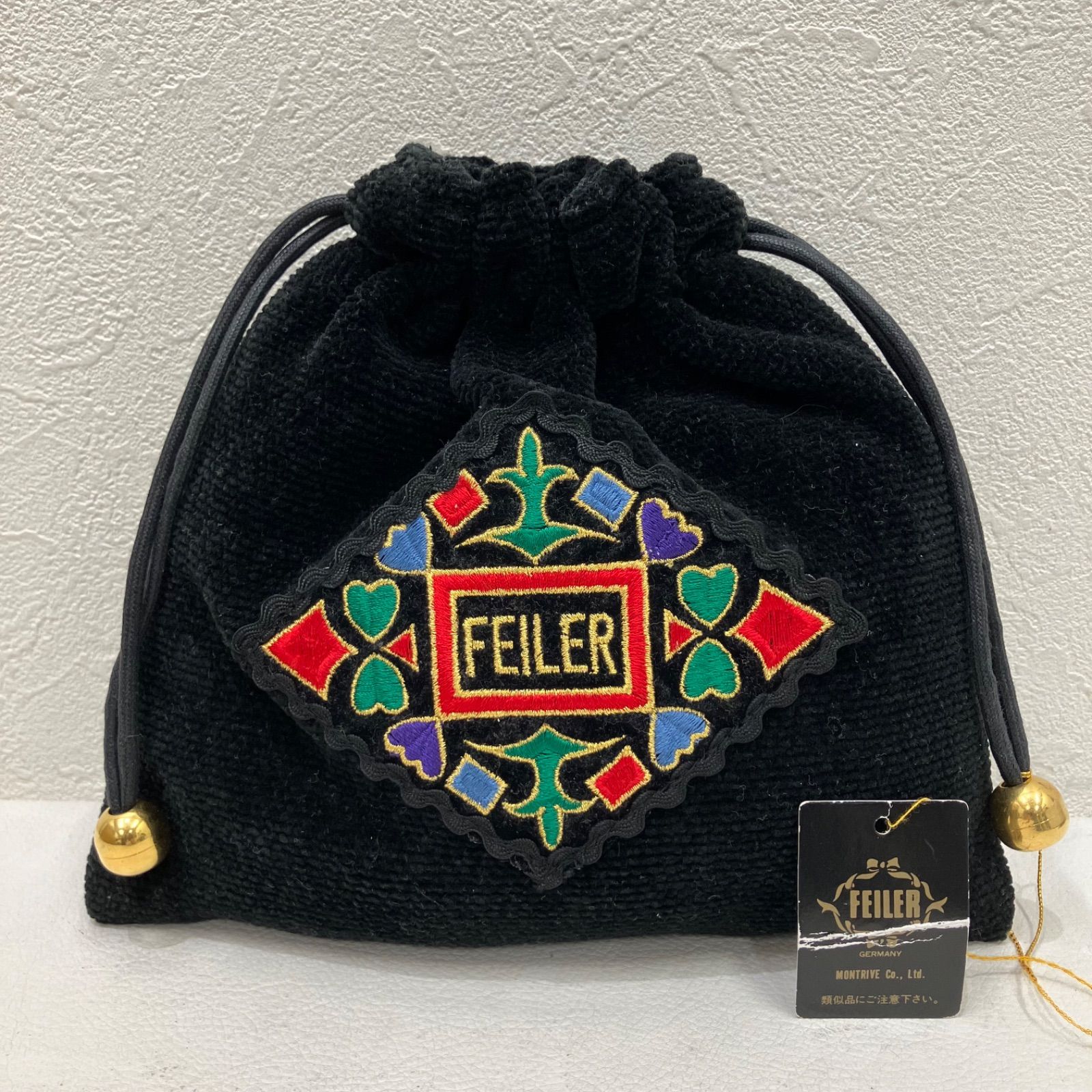 1146 FEILER フェイラー 巾着 ポーチ 小物入れ ブラック 黒 刺繍