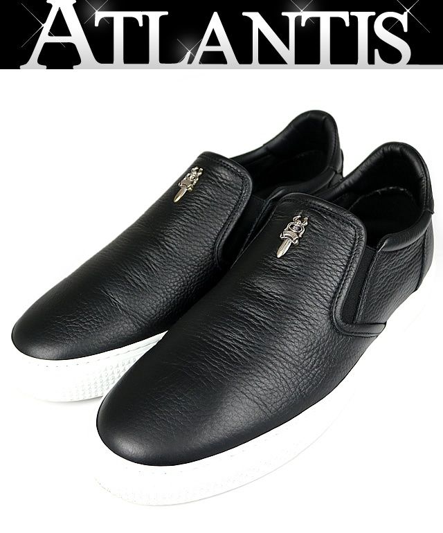 CHROME HEARTS 新宿店 クロムハーツ CHプラス レザーパッチ付き ダガーパーツ スニーカー メンズ レザー スリッポン シルバー SV925 size:42 黒 31184
