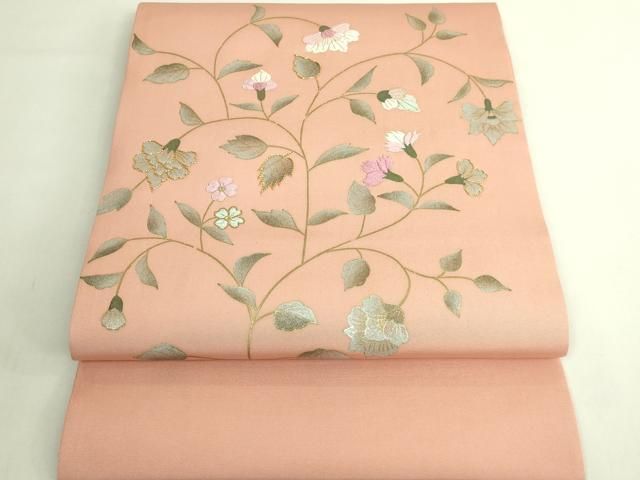 平和屋着物●極上　塩瀬　九寸開き名古屋帯　駒刺繍　更紗花文　深支子色地　金銀彩　逸品　DZAB6407kh6