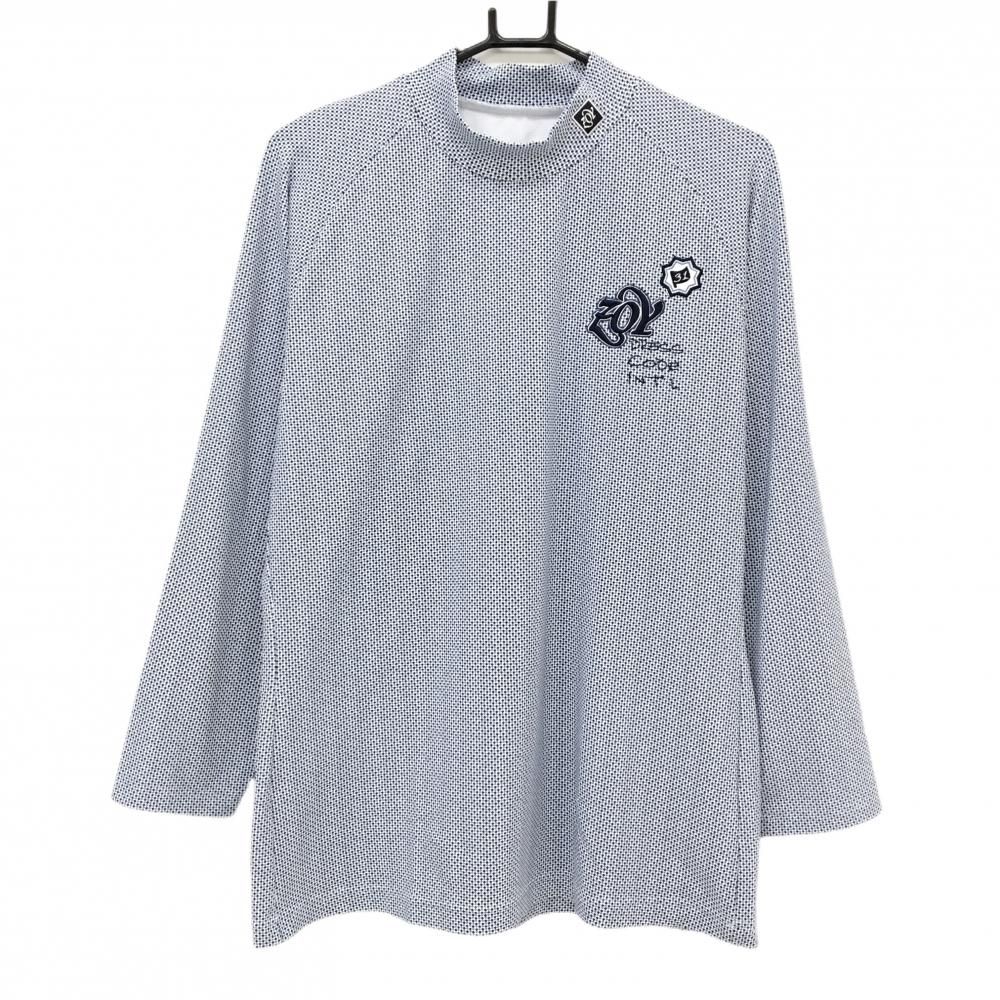 美品】ゾーイ 長袖ハイネックシャツ 白×ネイビー ドット風 ロゴ