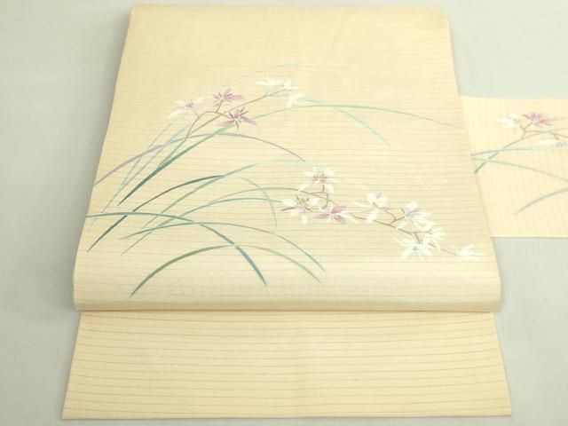 平和屋着物＊極上　夏物　絽塩瀬　九寸名古屋帯　友禅　作家物　草花文　薄い砥粉色地　逸品　DZAB6473kh6