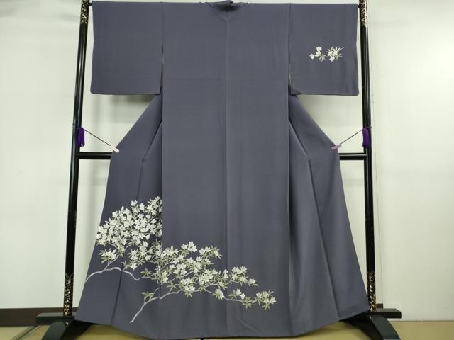 平和屋着物○極上 訪問着 総手刺繍 枝花文 濃い鼠色地 金糸 逸品