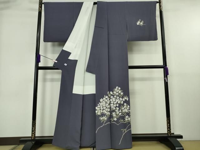 平和屋着物○極上 訪問着 総手刺繍 枝花文 濃い鼠色地 金糸 逸品 平和屋着物○極上 訪問着 総手刺繍 枝花文 濃い鼠色地 金糸 逸品