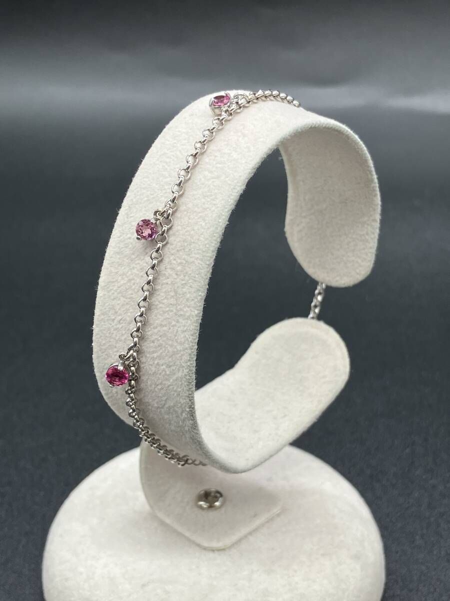 【美品】K14WG 約2.1g 約18cm ゴールド ホワイトゴールド 石付き ピンク石 レディース アクセサリー ブレスレット