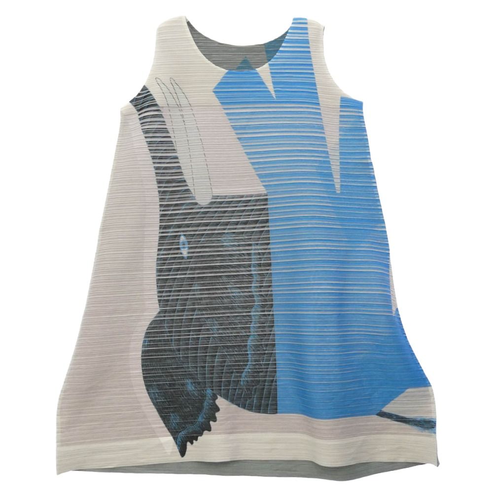 PLEATS PLEASE プリーツプリーズ イッセイミヤケ 14AW PP43-JH871 永井一正 KAZUMASA NAGAI DRESS プリーツ加工 転写 ノースリーブ ワンピース ライトブルー系 グレー系【中古】